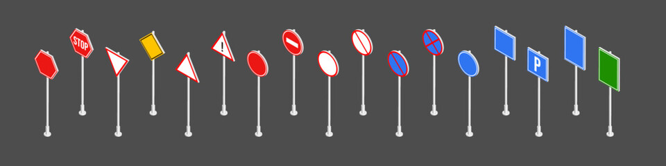 Isometric vector illustration of road signs isolated on gray background. Set of traffic signs. Collection of realistic blank traffic control signs on metal poles. 
