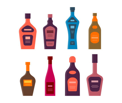 Bottle of whiskey vodka liquor brandy cognac rum wine. Graphic design for any purposes. Flat style. Color form. Party drink concept. Simple image shape