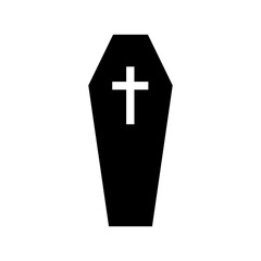 Obraz premium Black coffin with cross silhouette. Gloomy wooden box for burial of dead. Spooky container for rest and sleep vector vampire