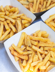 Cardboard food boxes for fast food with french fries and burgers, take out food carton ecological packaging to go, delivery containers with catering dinner meals