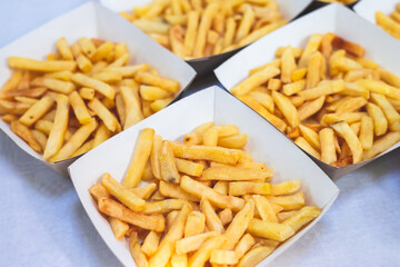 Cardboard food boxes for fast food with french fries and burgers, take out food carton ecological packaging to go, delivery containers with catering dinner meals