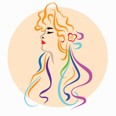 Portrait of a red-haired girl with ribbons in her hair on a white background. Woman beauty fashion concept, minimalistic style. Portrait of a girl in profile linear drawing. Design element. 