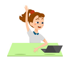 The girl is sitting at desk with laptop and raising his hand. Homeschooling Concept. Online studing. Cartoon style, vector illustration