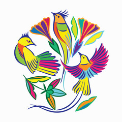 Exotic birds and flowers hand drawn on white background. Cartoon colorful doodle birds, flowers vector illustration.  For t shirts, posters, cards, postcards, fabric texture.