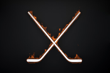 two intersecting burning hockey stick on a black background - obrazy, fototapety, plakaty