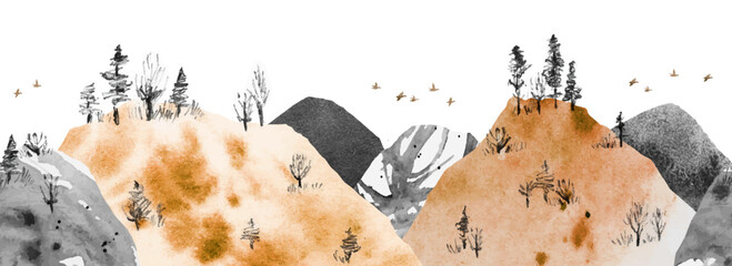 High mountain ranges with trees seamless vector border. Watercolor seamless pattern for textile, wrapping paper, page fill, web design, wallpaper. Collage with watercolor texture and sketch