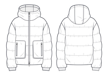 Unisex Hooded Zip-up Puffer Jacket technical fashion Illustration. Cropped Down Jacket technical drawing template, long sleeve, pocket, front and back view, white, women, men, unisex CAD mockup. © Liubov Hladka