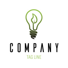 Sustainability logo. Energy efficiency, renewable clean energy. Lamp with a green leaf.
