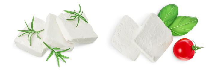 Feta cheese isolated on white background. Top view. Flat lay. Set or collection
