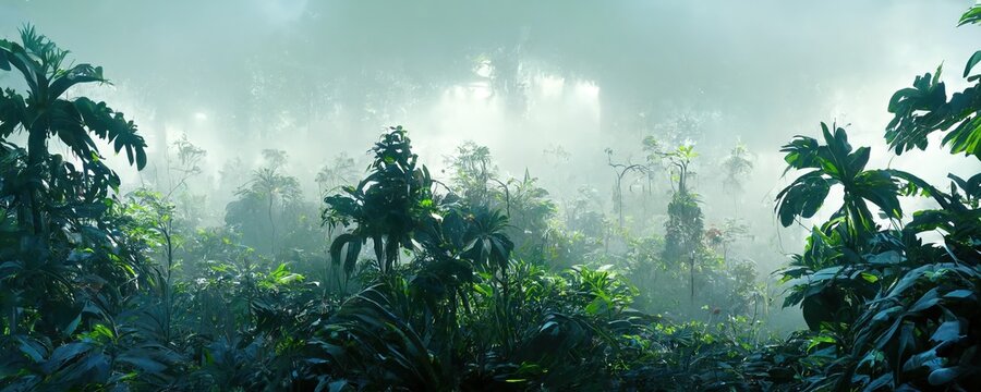Foggy dark excotic tropical jungle illustration design. Generative AI