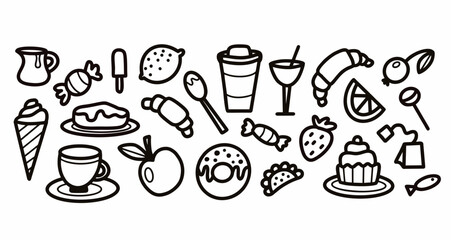 Black and white set of food and drinks.