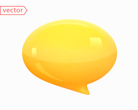Notification Message Dialog. Yellow glossy plastic speech bubble icon. Realistic cartoon style design. Object isolated on white background. 3D Vector illustration