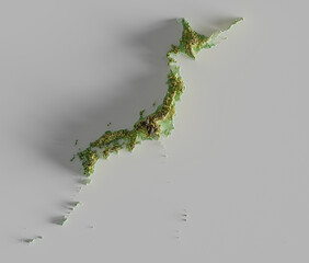 Shaded relief map with vertical exaggeration of Japan with all islands. Created of Shuttle Radar Topography Mission free elevation data from NASA using 3D software.