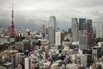 Fototapeta na wymiar Panoramic high angle view of Higashi-Shinbashi district, Minato City 