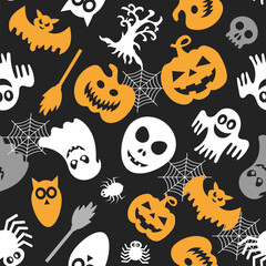 Fototapeta premium Seamless vector pattern for Halloween design. Halloween symbols: pumpkin, ghost, spider in cartoon style. Vector Illustration