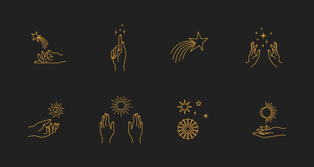 Aesthetic astral hands. Collection of cosmic and celestial elements with sun, moon and stars. Isolated editable linear vectors.