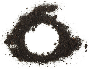 Pile of soil humus isolated on a white background, top view. Gardening concept.