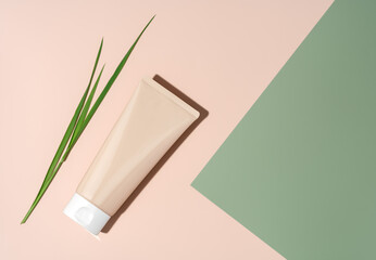 Cosmetic skin care product body lotion, shampoo, face cream or mask with grass on pastel beige and green background in flat lay style. Natural beauty and organic cosmetics concept with copy space for