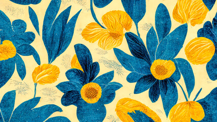 Pattern of blue yellow flowers