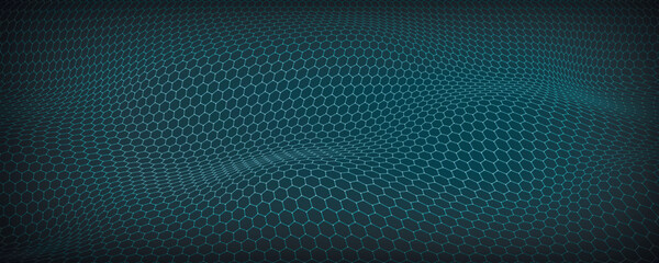 Hexagon wave background. Abstract hexagonal perspective grid. Distorted mesh.