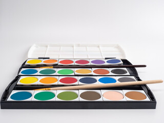 Brushes and watercolor paints on a white background.