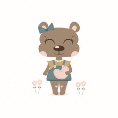 Cute animal. Cute little bear girl holding a heart. Editable vector illustration for invitation, baby shower decor, card or picture for the children's room