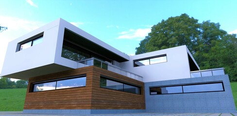 Fototapeta na wymiar Combined facade decoration with wood and concrete. Modern cozy cottage in a minimalist style. Narrow mirrored panoramic windows. 3d render.