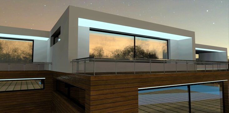 Balcony of an advanced modern cottage illuminated by LED strip. Cozy nighttime atmosphere. Facade decoration with wood. Glass panel fence. 3d render.