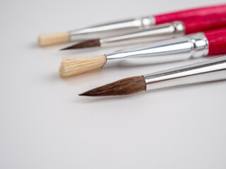 Various artist's brushes on a white background.
