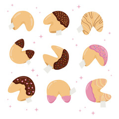 Set with Chinese fortune cookies. Cartoon flat style food. Dessert isolated on white background. Fortune cookies with blank paper template. Vector illustration.