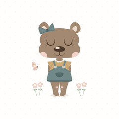 Cute animal. Cute bear girl. Editable vector illustration for invitation, baby shower decor, card or picture for the children's room