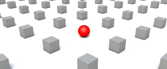 Fototapeta na wymiar 3D illustration a red ball in a middle of white cubes