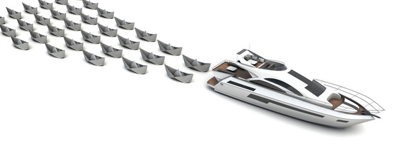 3D illustration of a yacht leading paper boats as a leadership concept