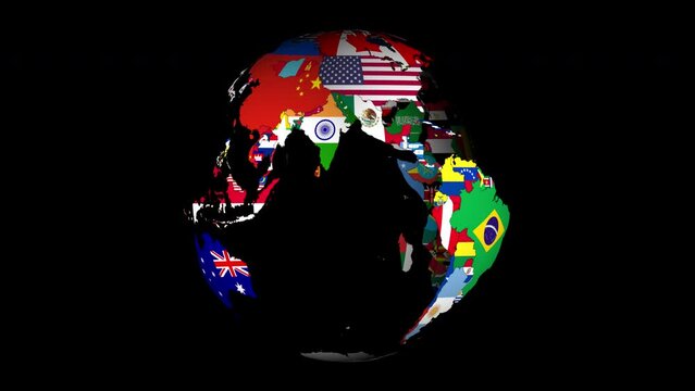  World Flag Globe Spinning. Seamless Looping 4K With Alpha Channel. 