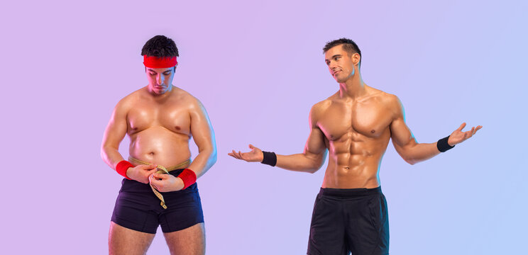 Before and After Weight Loss Fitness Transformation. Fat to fit concept. Man with a centimeter measuring tape