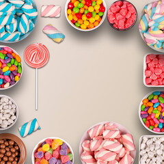 Fototapeta na wymiar Colorful candies, marshmellows, chocolate balls in jars, lollipops and sweet peanuts and copy space