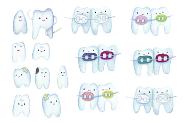 Set of cartoon teeth hisolated, dental care.