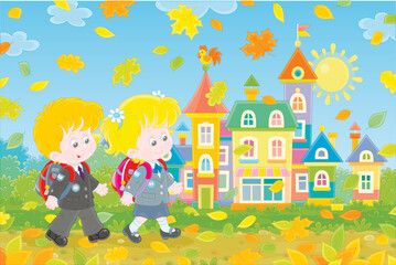 Obraz na płótnie Canvas Happily smiling schoolchildren with schoolbags going to their school along a colorful street of a pretty small town on a beautiful autumn day, vector cartoon illustration