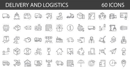 Set of 60 thin line vector icons. Delivery and Logisticks. The set contains icons: E-commerce, Online Shopping, Delivering, Freight Transportation, Shipping,  - obrazy, fototapety, plakaty
