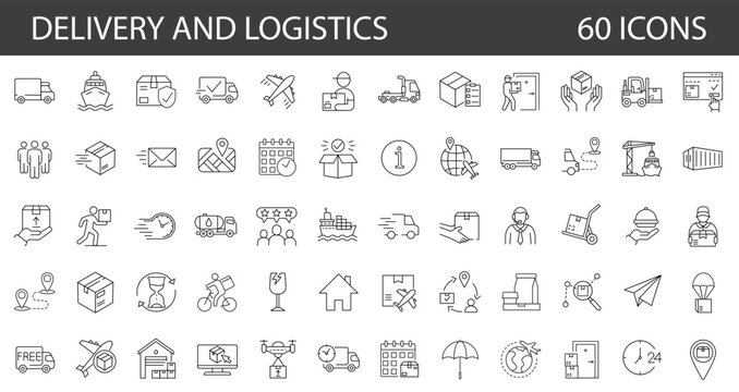 Set of 60 thin line vector icons. Delivery and Logisticks. The set contains icons: E-commerce, Online Shopping, Delivering, Freight Transportation, Shipping, 