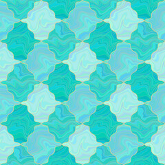 Abstract geometric seamless pattern. Mint green tiles with liquid fluid texture