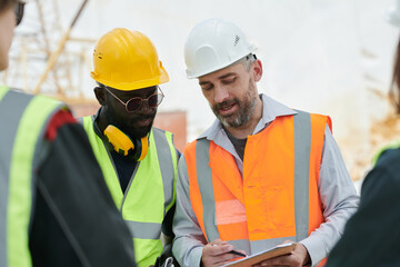 Young confident foreman pointing at document with working plan while explaining its points to African American male subordinate