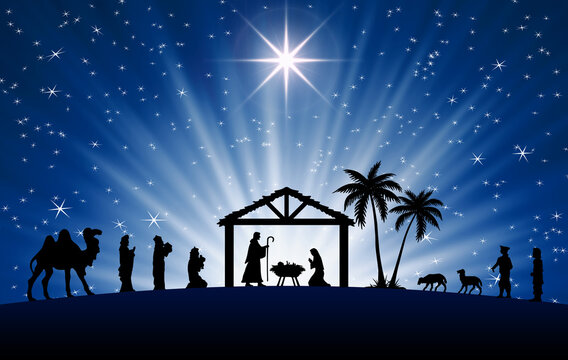 Blue Christmas Nativity scene greeting card background.