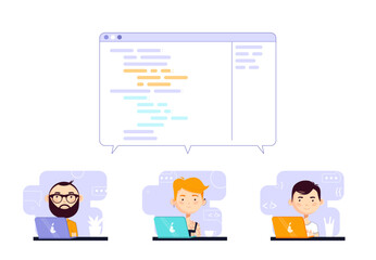 Joint development. Programmers work on the code of one program. Vector illustration in cartoon flat style isolated on white background.