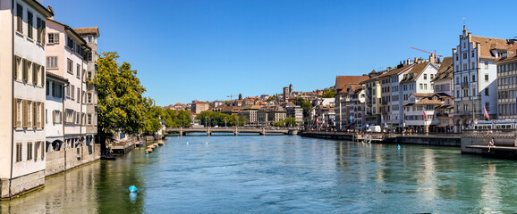Picturesque panoramic view of the Limmat River, the Rudolf Brun Bridge and the Church of Our Lady...