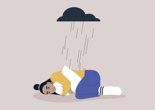 A young upset Asian character squeezing a pillow, a black rain cloud hovering above them