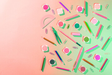 School supplies on white desk. Kids creativity flat lay