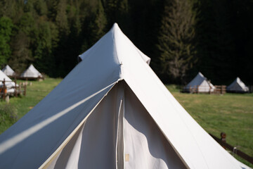 closeup of glamping tent top white fabric in green meadow surrounded by fir tree forest