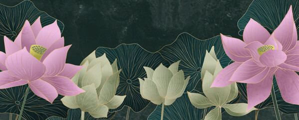 Art background with lotus flowers and leaves in green and pink colors with golden elements in line style. Botanical banner for design print, decor, packaging, wallpaper, textile.