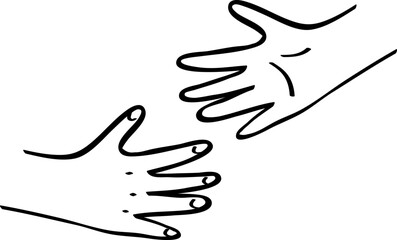 Kids hands reaching out to each other. Black and caucasian unity, diversity concept. Outline illustration in hand drawn style